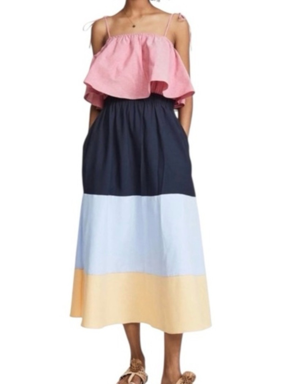 English Factory Pink, Navy, Light Blue & Pale Yellow Colorblock Midi Dress
